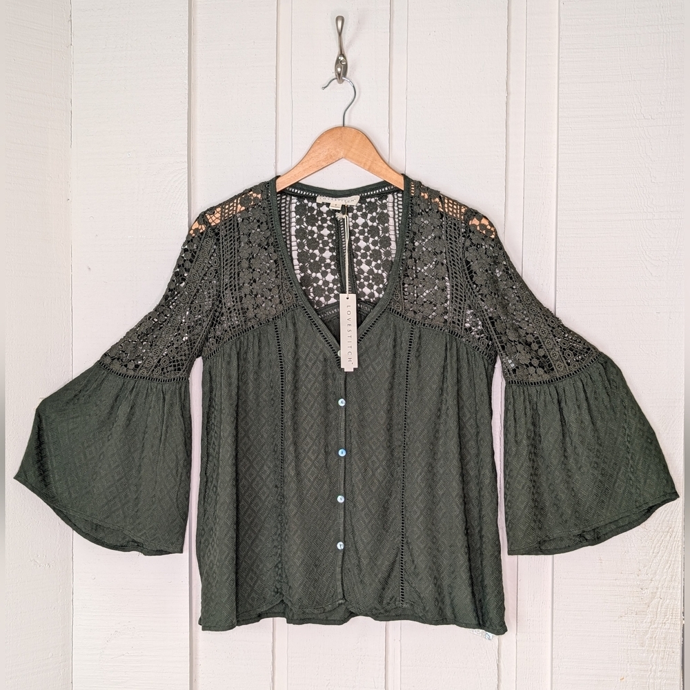 NWT LOVESTITCH Olive Green Sahara Mixed Lace Top Sz Small Rayon Flowy Boho Chic - Picture 4 of 17